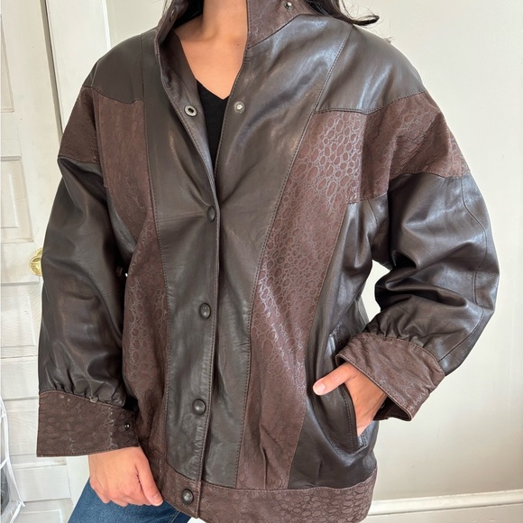 Vintage Bomber Chocolate Brown Animal Print Genuine Leather Jacket - Size Large - Picture 1 of 14